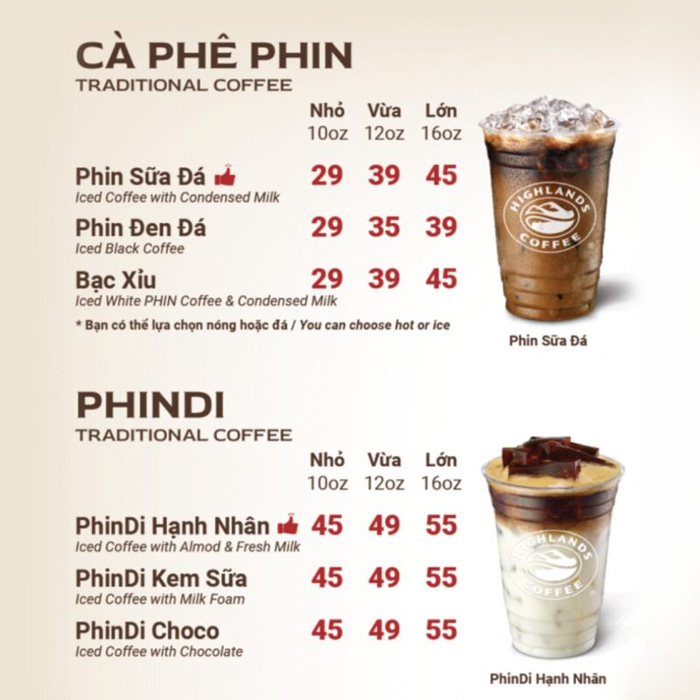 Menu truyền thống với các loại cà phê